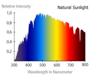 variation of intensity of sunlight with wavelength - image courtesy of Reef Keeping Fever